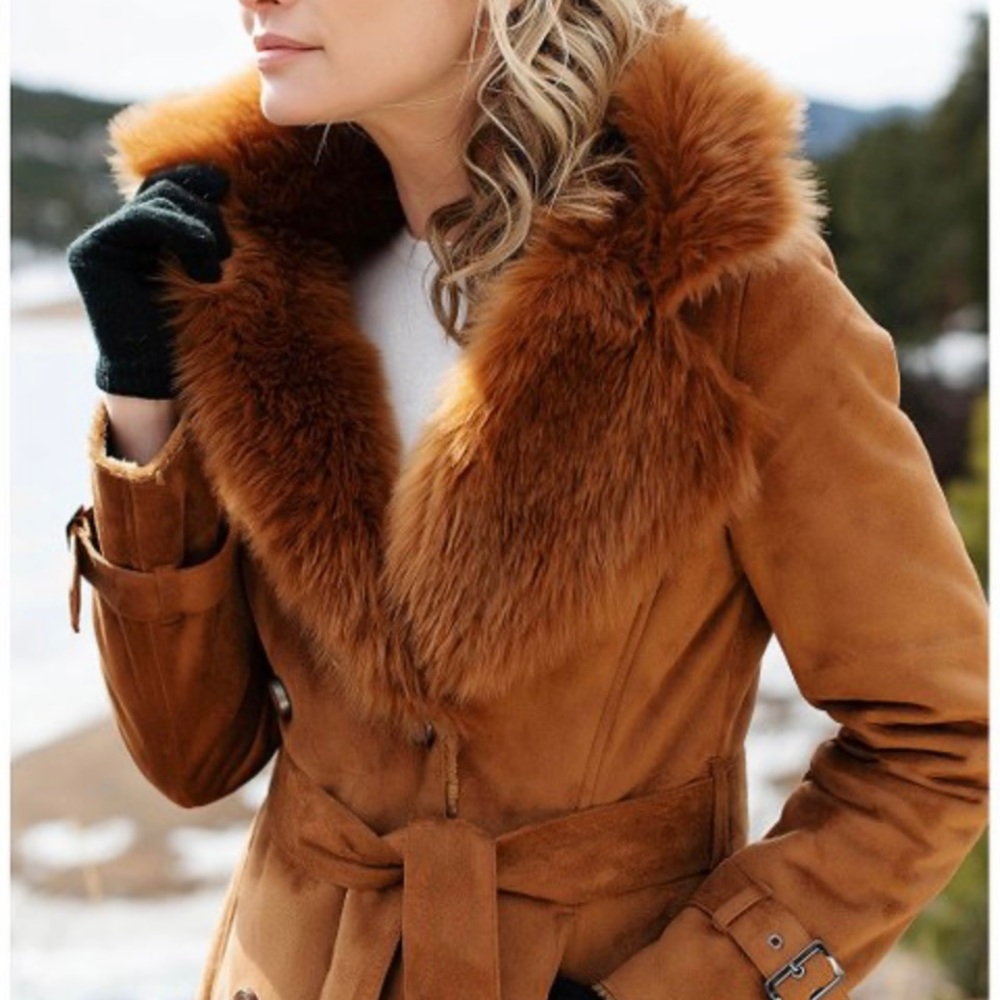Extra warm brown-copper trench coat.